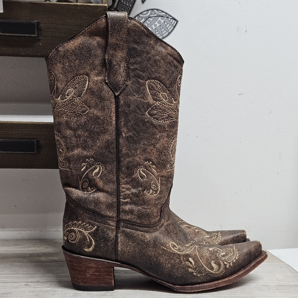 CIRCLE G Size 10 Corral Dragonfly EMBROIDERED WESTERN Snip Cowboy Leather Boots